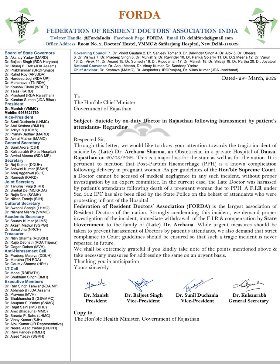 Condemning the tragic incident of #Suicide by on-duty Doctor in #Rajasthan, we demand immediate withdrawal of #FIR, compensation to the family of (Late) Dr. Archana &amp; strict compliance of #SupremeCourt Guidelines <a href="/ashokgehlot51/">Ashok Gehlot</a> <a href="/RajCMO/">CMO Rajasthan</a> <a href="/mansukhmandviya/">Dr Mansukh Mandaviya</a> <a href="/plmeenaINC/">Parsadi Lal Meena</a> <a href="/ANI/">ANI</a> <a href="/ndtv/">NDTV</a>
