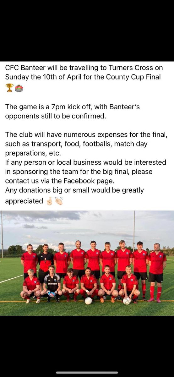 📣📣SAVE THE DATE 📣📣

County Cup Final 
🗓Sunday 10th April 2022
⏱7pm
🏟Turners Cross