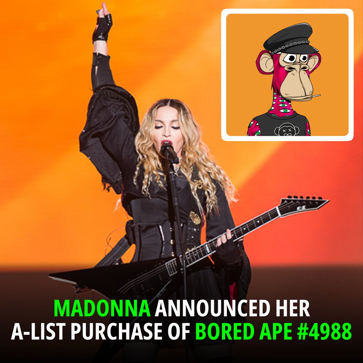 nfthoos's tweet photo. Madonna announced her A-list purchase of Bored Ape #4988 #nft #nftcommunity #nftnews #crypto #cryptocurrency #nftdrop #nftart #nftcollector #opensea #nftcollectors #nftcollectibles #nfthoos #metaverse #metaversenft https://t.co/7YWo9ymHKS