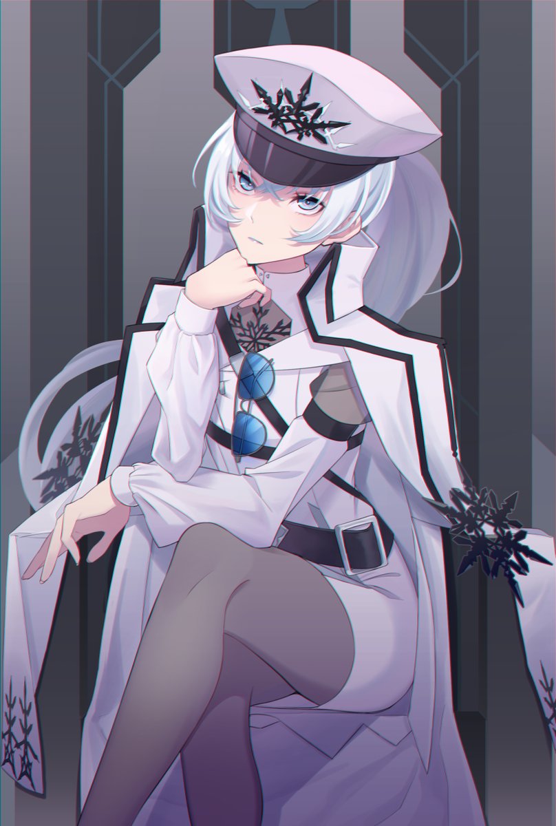 weiss schnee 1girl solo hat pantyhose sitting white coat crossed legs  illustration images