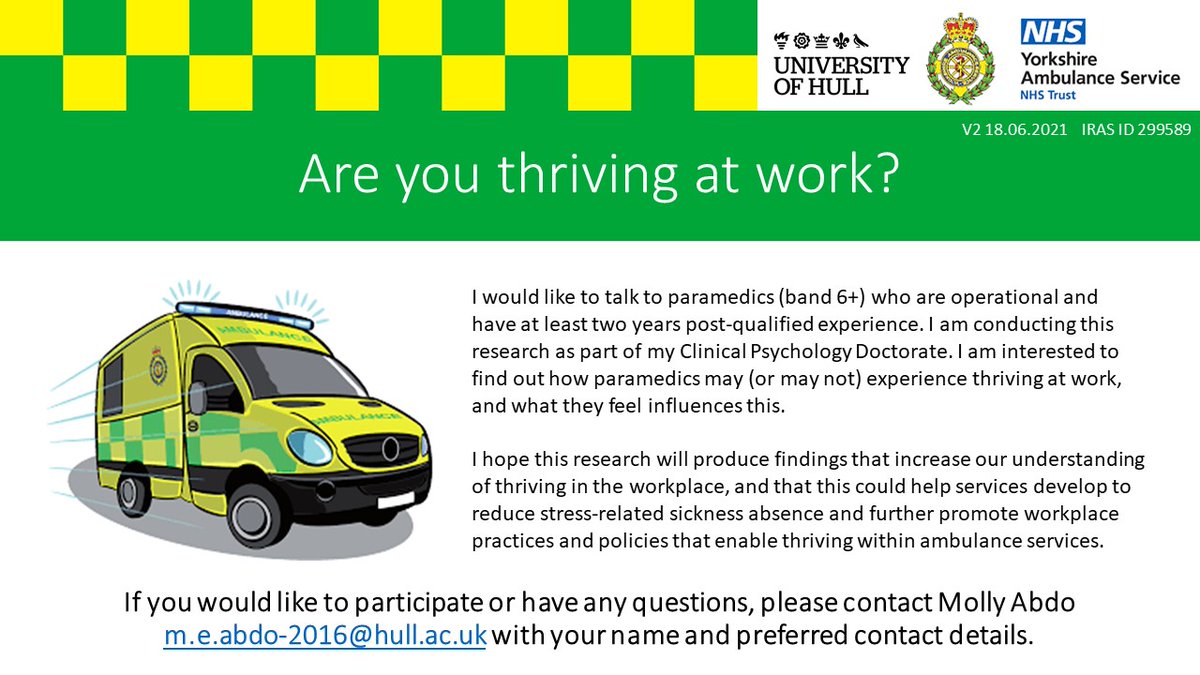 AbdoMolly's tweet photo. Hello, I am currently recruiting for my thesis as part of my doctorate in Clinical Psychology and I am looking for participants (operational paramedics currently working at @YorksAmbulance , band 6+) to take part. @ClinPsyD_Hull @fionablairbell @Schlosspsych Please share. https://t.co/rCiTIUMI5w