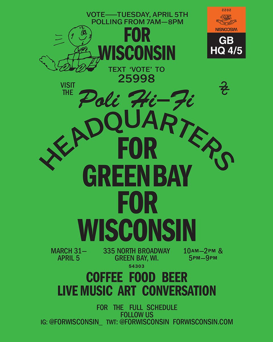 boniver's tweet photo. Visit the Green Bay Poli Hi-Fi HQ for live music, art, conversation, coffee, food, and beer!
Opening March 31st through Election Day, April 5, from 10am-2pm & 5-9pm daily.
Stay tuned at @ForWisconsin for the full event schedule.
https://t.co/EXAZBRg9Xv
#forwisconsin https://t.co/nAq34xRR9L