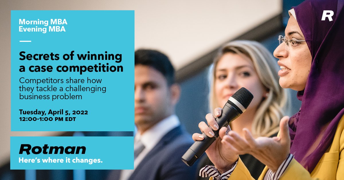 RotmanMBAMFin's tweet image. Case competitions, as part of the MBA experience, help you develop the crucial skills of teamwork, problem-solving, leadership, presenting and thinking fast. buff.ly/3uMzi2v. Hear winning MBA students share their secrets. Tue Apr 5, 2022, 12-1 PM EDT. Free. @rotmanschool
