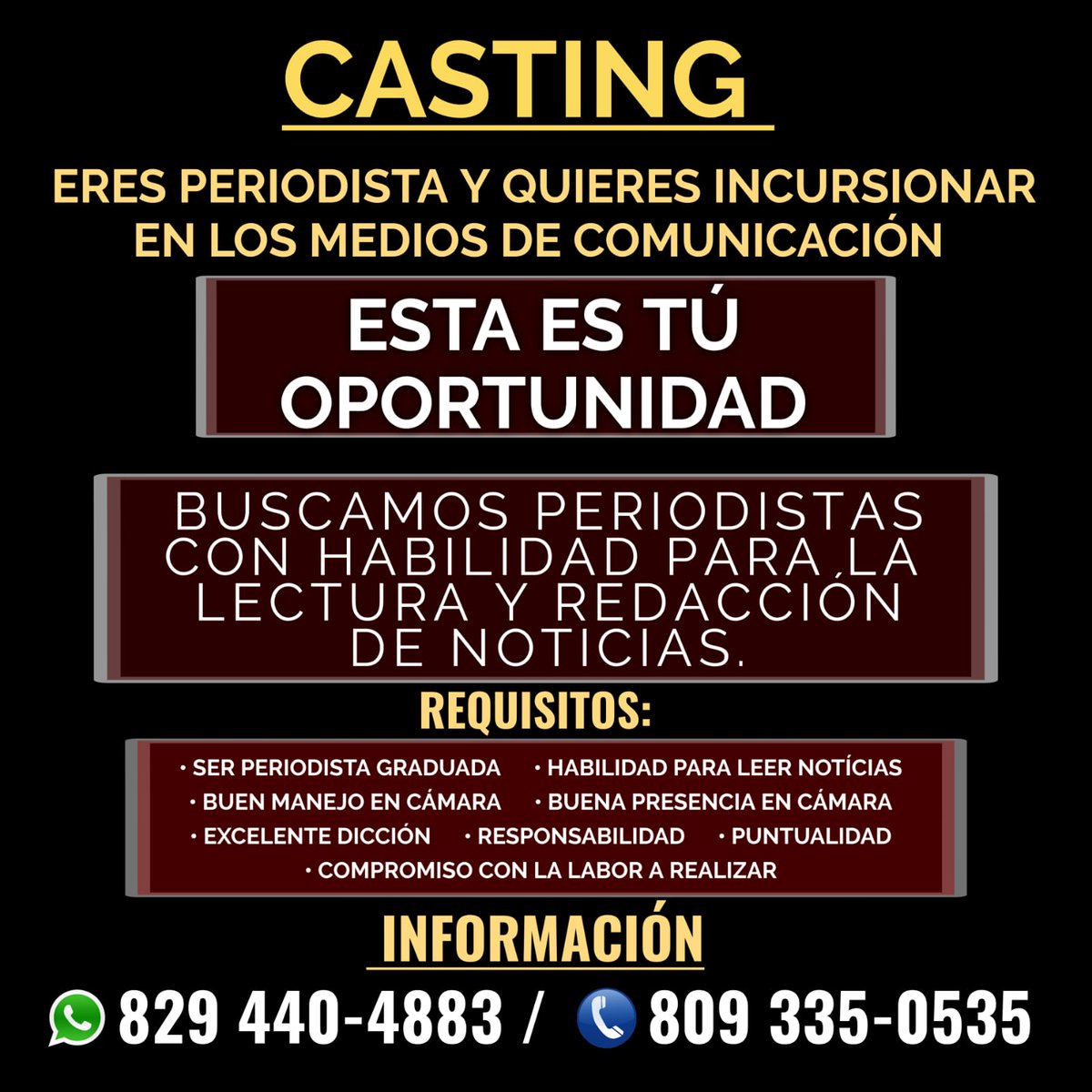 tnicanal51's tweet image. ¿Eres periodista y quieres incursionar en los medios de comunicación? Esta es tu oportunidad!

Más info:
☎️(809) 335-0535
📲(829) 440-4883

#castingRD #periodista #castingcall