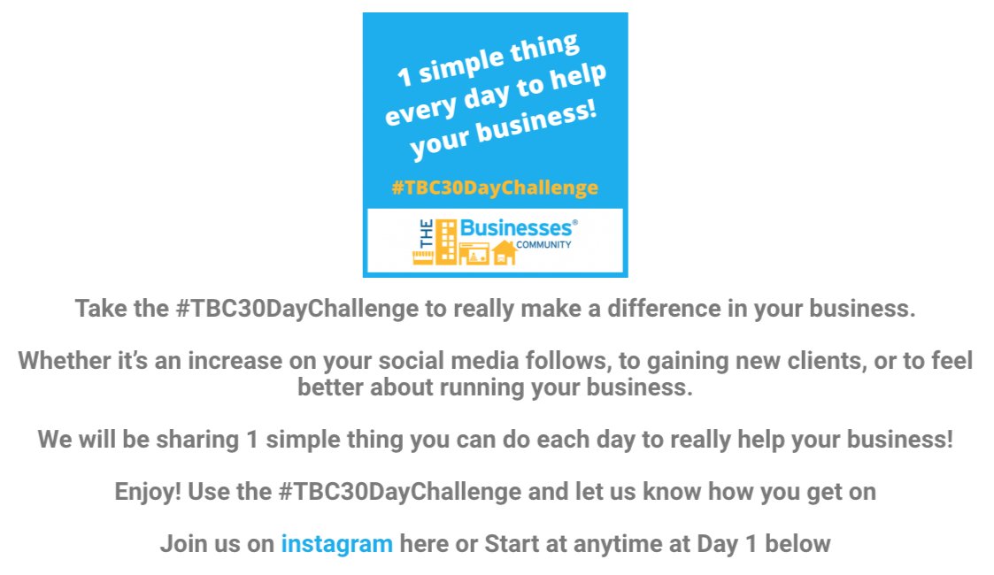 Take part in our #TBC30DayChallenge that will really help your #business!

A simple, easy thing you can do each day that will really make a difference so that after 30 days you will see a positive change!

It's started already - check out Day 1!

ow.ly/vAlK50IvbGk