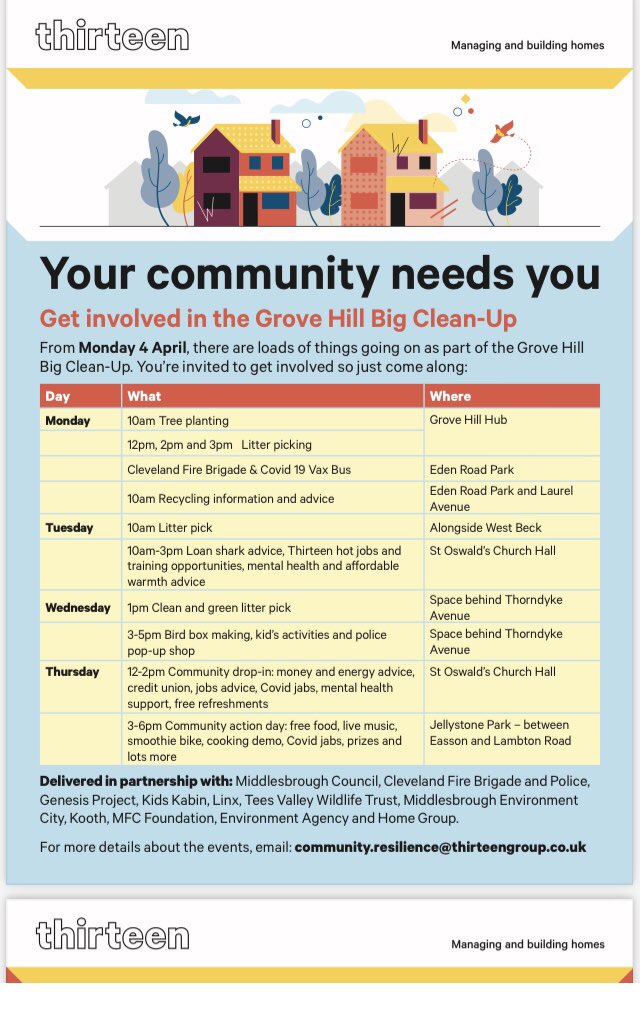 Cleanup_UK's tweet photo. Excited to be partnering @Thirteen_Group in Middlesbrough helping “local people create quality places &amp; thriving neighbourhoods”
Check out The Grove Hill Big Clean-Up Monday April 4th LOADS of fun stuff happening #Community #litterpicking #middlesbrough #thirteengroup https://t.co/7U7M03ro57