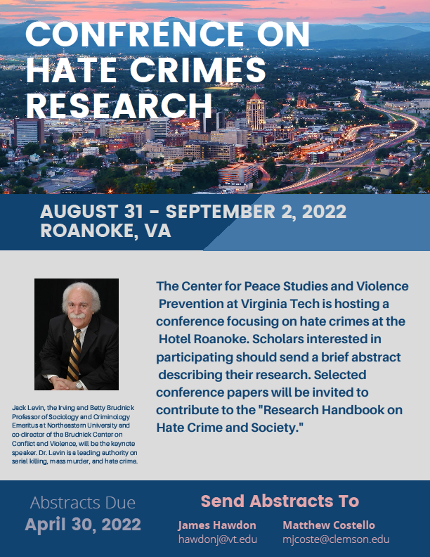 CPSVPVT's tweet photo. Excited to announce that the CPSVP is putting together a conference on hate and hate crimes.  Dr Jack Levin will be a keynote speaker, and selected papers will be included in the Research Handbook on Hate Crime and Society.  Send in your abstract soon! #nohatecrime https://t.co/u1VW5lUK67