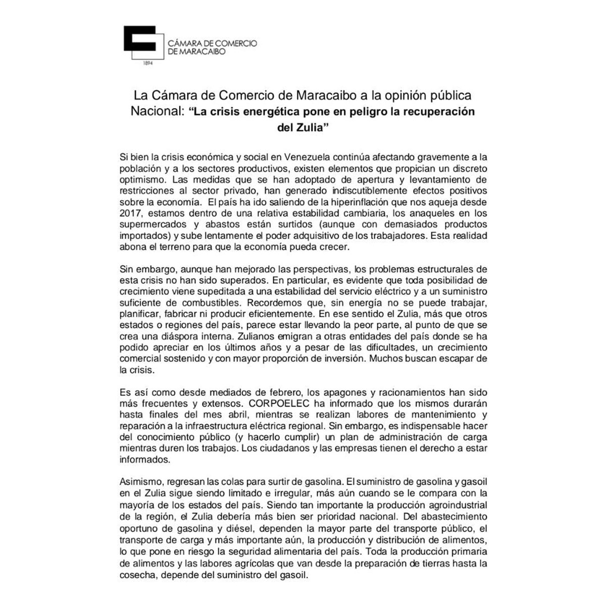 camaramaracaibo's tweet photo. #ComunicadoCCM La Cámara de Comercio de Maracaibo a la opinión pública Nacional: “La crisis energética pone en peligro la recuperación del Zulia” https://t.co/0Udx35IXyn