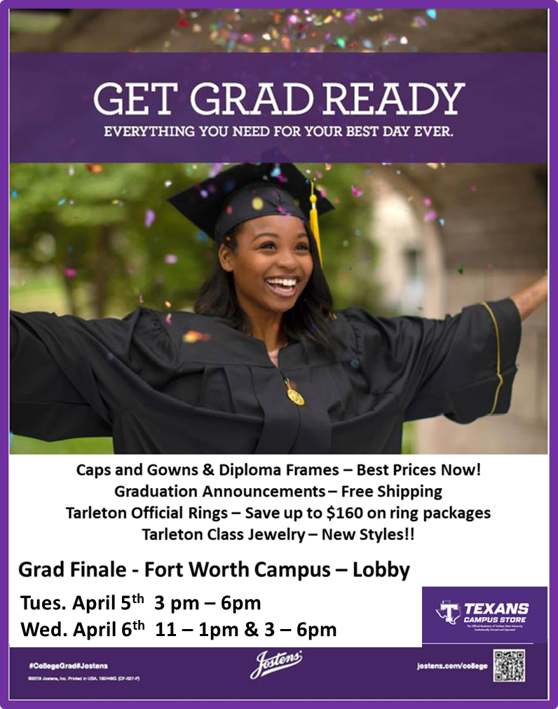 fwteachered's tweet photo. 📣 SPRING 2022 GRADS, ARE YOU GRAD READY? 🎓
Join us in the lobby April 5 & 6 for cap & gowns, rings diploma frames, and more! 💜
Visit https://t.co/L6VtDP2KCG for more information about graduation
#IAmTarletonFW #TarletonGrad https://t.co/DzqJJGZ0Wa