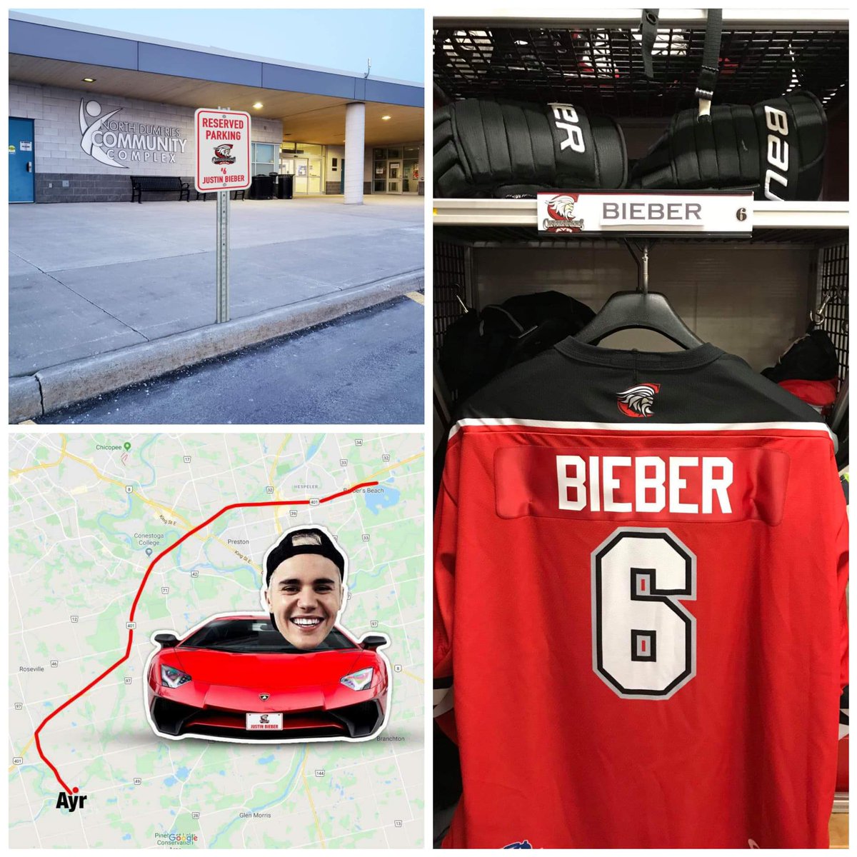 Hey Justin if you are home between tour dates and want to catch a playoff game vs Stratford we will be ready for ya. And you can cheer for Stratford…we get it 
<a href="/justinbieber/">Justin Bieber</a> 
Jersey ✅ 
Parking ✅ 
Nameplate ✅ 
Map Puslinch to Ayr ✅ 
<a href="/4_cens/">Ayr Centennials Alumni</a> <a href="/KatherinemayPR/">Katherine Bennett</a> <a href="/suzannnekelley/">SUZ💫</a>