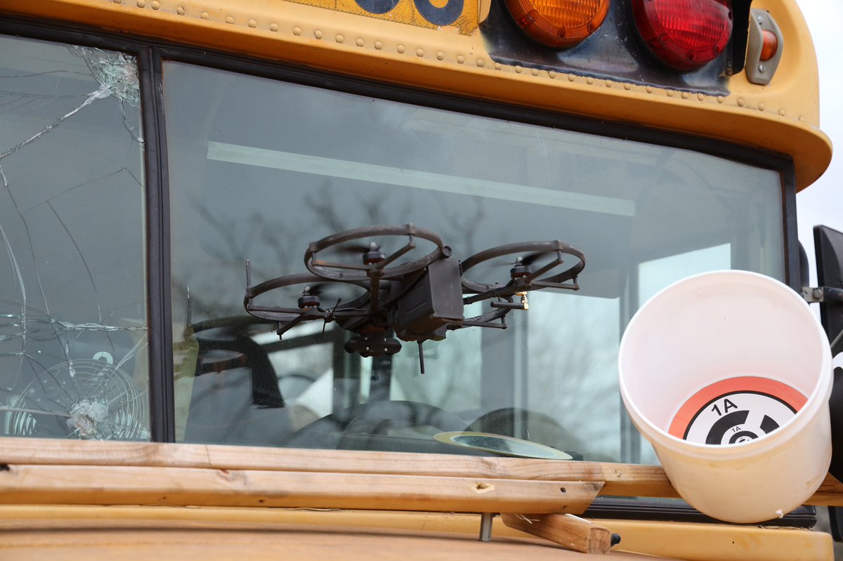 BrincDrones's tweet image. Intelligence gathering is simple with the Lemur S. Pictured is the drone perched in flight against the front windshield of a school bus to gain more intel on a hostage taker’s exact position within the bus. #txpsrobots #brinc