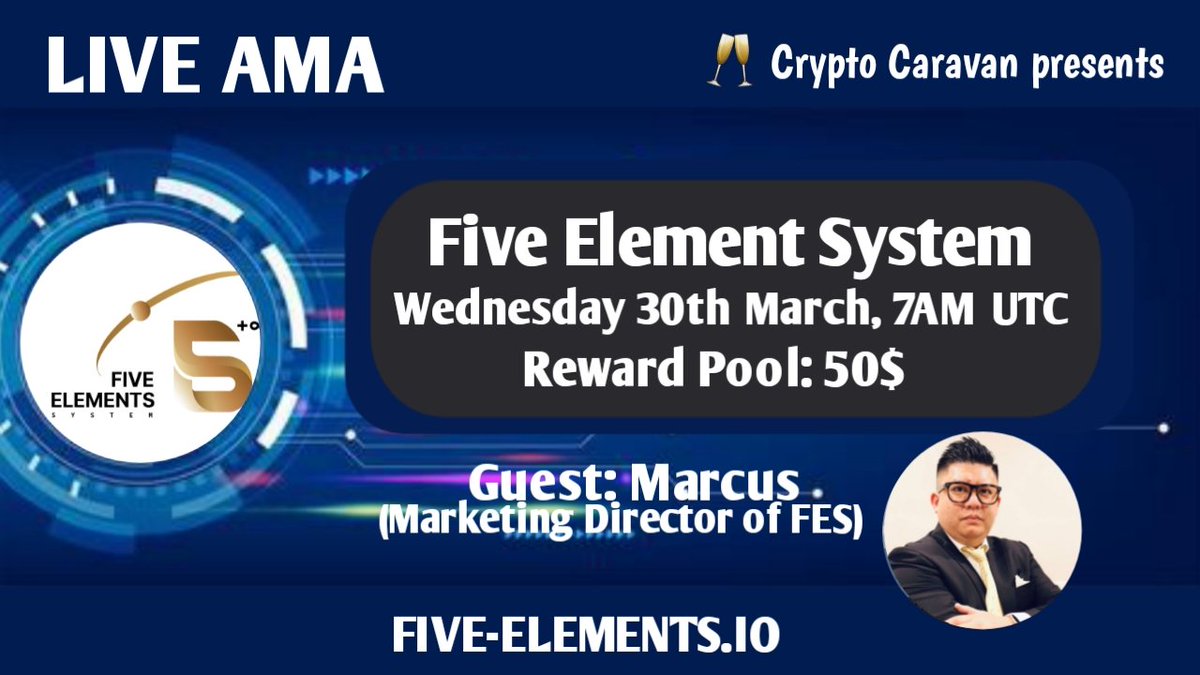 Crypto Caravan will host an AMA with Five Element System 30th March 2022 at 07:00 AM UTC

💰Rewards Pool : $50

Venue 🏠: t.me/Crypto_caravan

Rules:
1⃣ Follow <a href="/Crypto_Caravan/">Crypto Caravan</a> &amp; @FE5ystem
2⃣ Like &amp; Retweet
3⃣ Comment Questions &amp; Tag 3 Friends (max 3 questions)