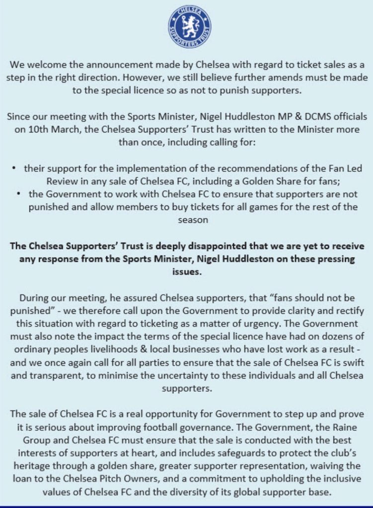 ChelseaSTrust's tweet photo. The CST is deeply disappointed that we are yet to receive a response from @HuddlestonNigel, @NadineDorries or @DCMS on important issues - including clarity on ticketing.

Full Statement ⬇️ https://t.co/bC8DlelRan