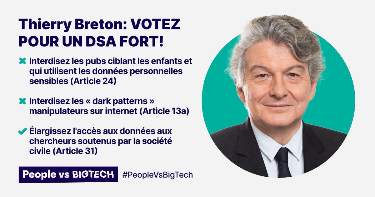 jarnal89's tweet photo. .@ThierryBreton : les citoyens partout en Europe surveillent vos efforts pour soutenir le #DSA. Mettez leurs droits au cœur de chacune de vos décisions. On compte sur vous. https://t.co/kTg1VKLKGB #PeopleVsBigTech