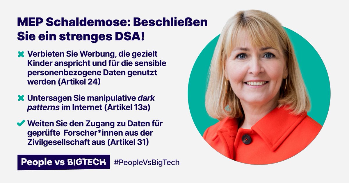 marconaef's tweet photo. .@SchaldemoseMEP: Vielen Dank für alles, was Sie schon getan haben! Bitte setzen Sie sich mit Nachdruck für ein konsequentes, wirksames #DSA ein, damit es die Bürger*innen schützt und nicht #BigTech-Milliardäre. #PeopleVsBigTech https://t.co/B8mpzOaZAL