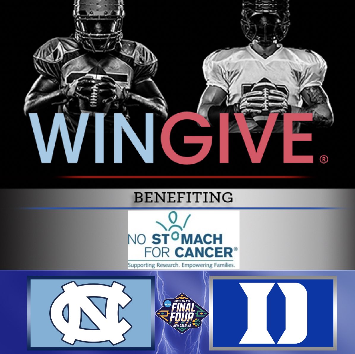 WinGiveApp's tweet photo. It’s biggest rivalry in college basketball— in the #FinalFour.
And it’s a chance to fight cancer.
Choose to represent #Duke or #UNC, pledge a #WinGive to @NoStomach4Cancr— and if your team wins, your pledge becomes a donation!
🔗: https://t.co/9te7BABBWp https://t.co/vQx7bdNRvK
