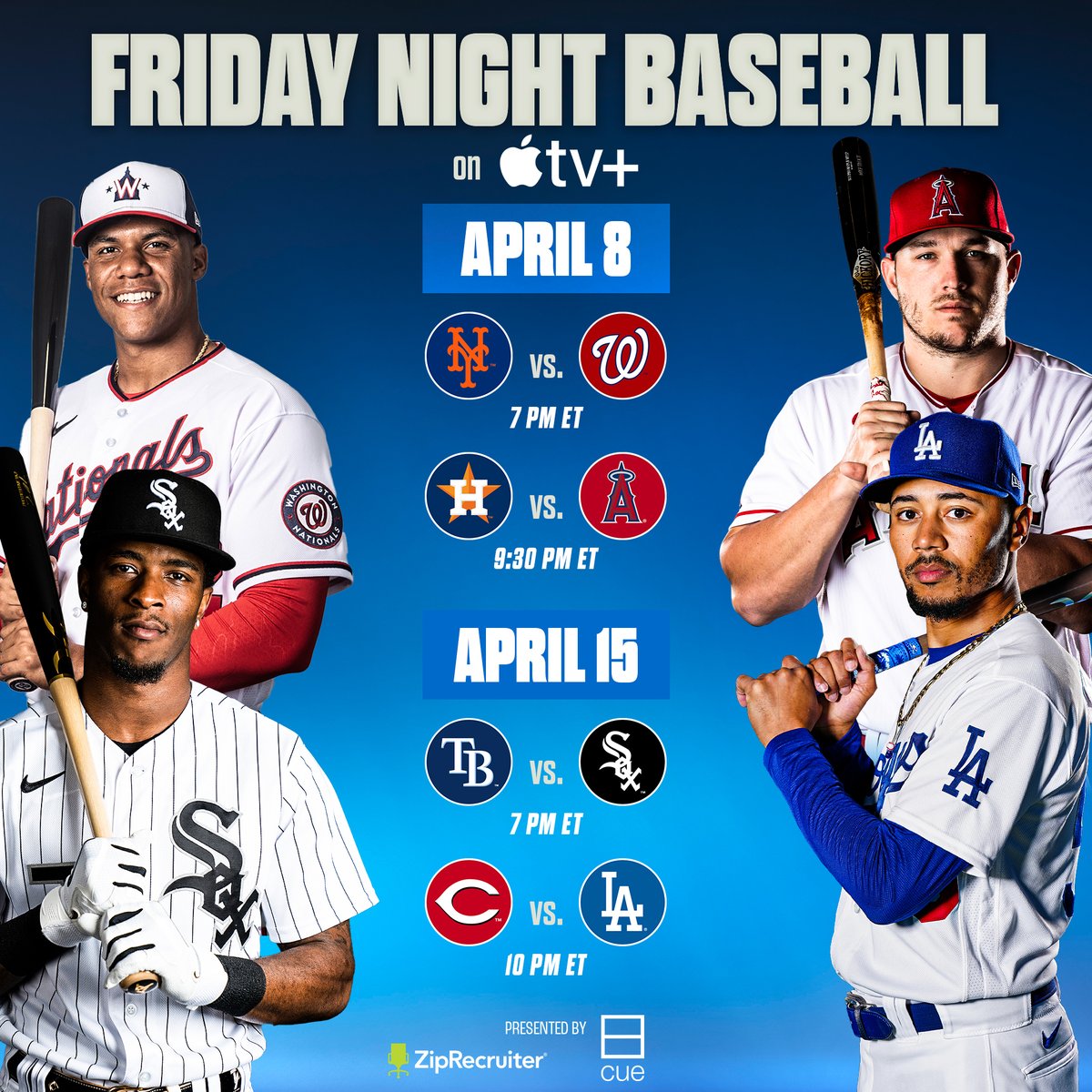 MLB's tweet image. "Siri, play Friday Night Baseball on @AppleTVPlus."

You can watch the first 12 weeks of games for free! Schedule ➡️ atmlb.com/2doDXoo