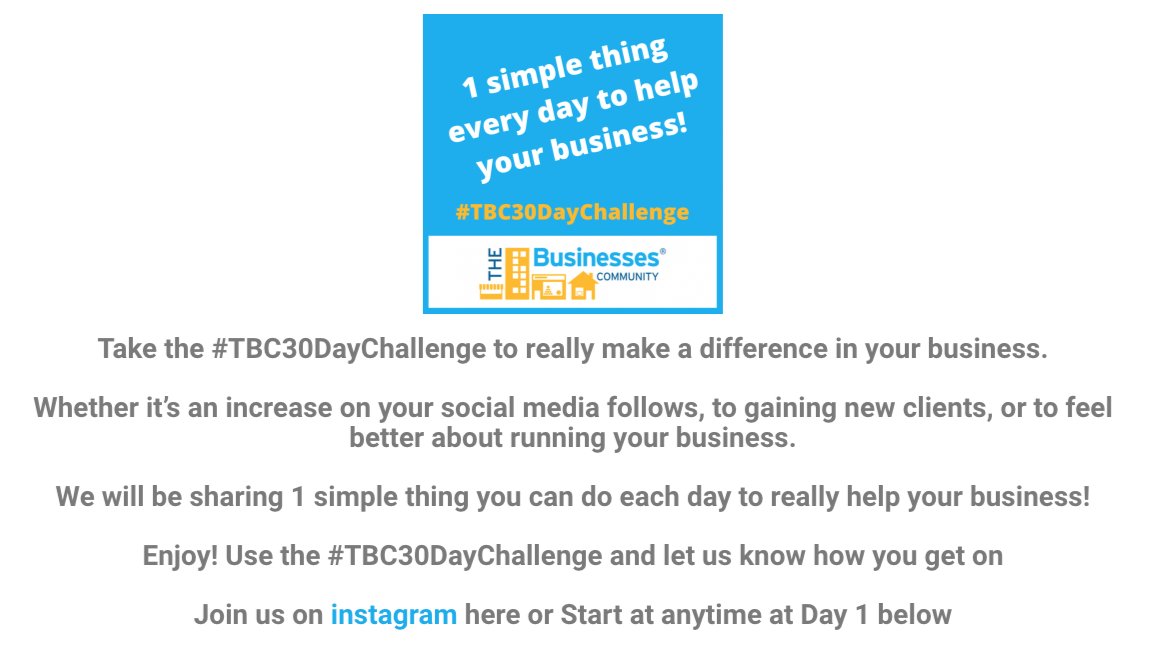 Take part in our #TBC30DayChallenge that will really help your #business!

A simple, easy thing you can do each day that will really make a difference so that after 30 days you will see a positive change!

It's started already - check out Day 1!

ow.ly/vAlK50IvbGk