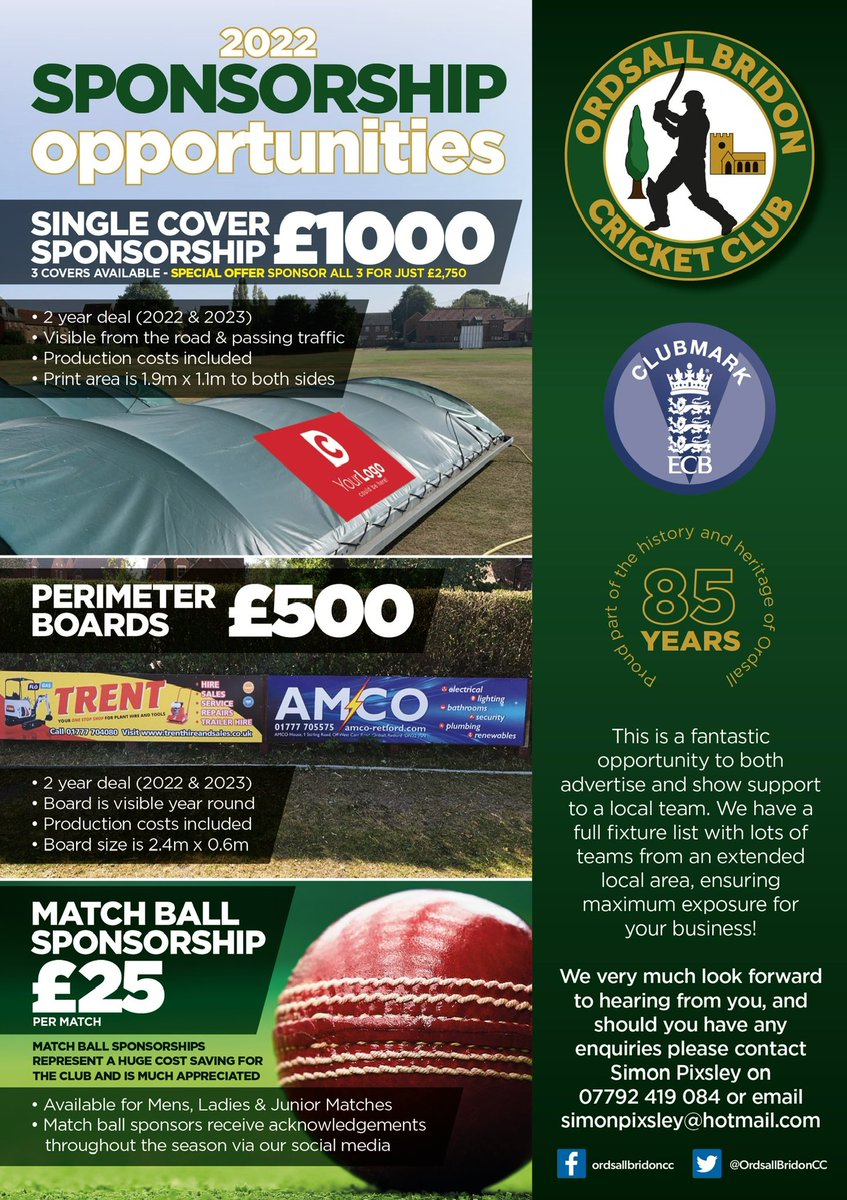 As the season draws closer we still have match balls available for our mens/ladies/junior sides plus plenty of space for new board sponsors. Any individuals or businesses please get in touch 🏏