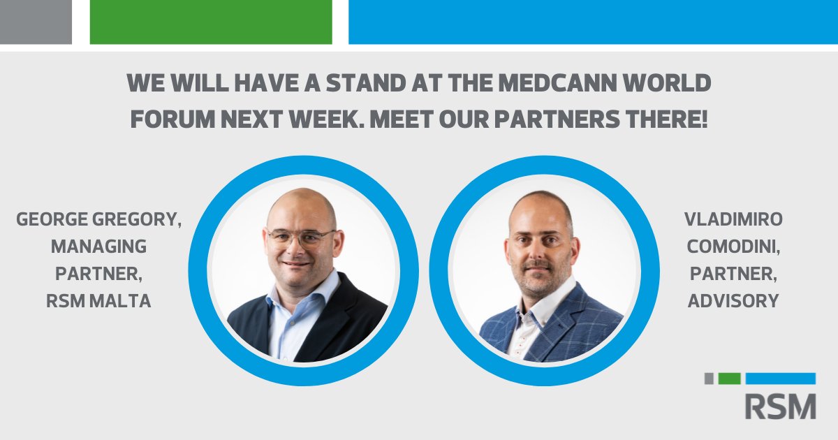 RSM Malta announces that George Gregory and Vladimiro Comodini will be at the Medcann World Forum on Tuesday 5th and Wednesday 6th of April.  Speak to them on our stand!

For more information we invite you to visit bit.ly/3Lki9DO

#RSMmalta #malta #maltabusiness #medcann