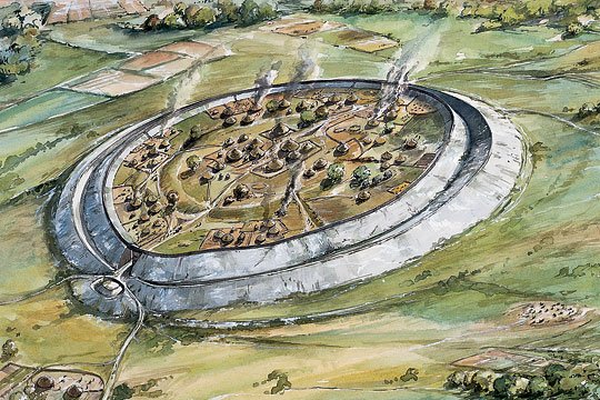 🖼: A reconstruction showing how Old Sarum, the Iron Age hillfort may have appeared in c.100 BC. © @HistoricEngland (illustration by Peter Dunn)