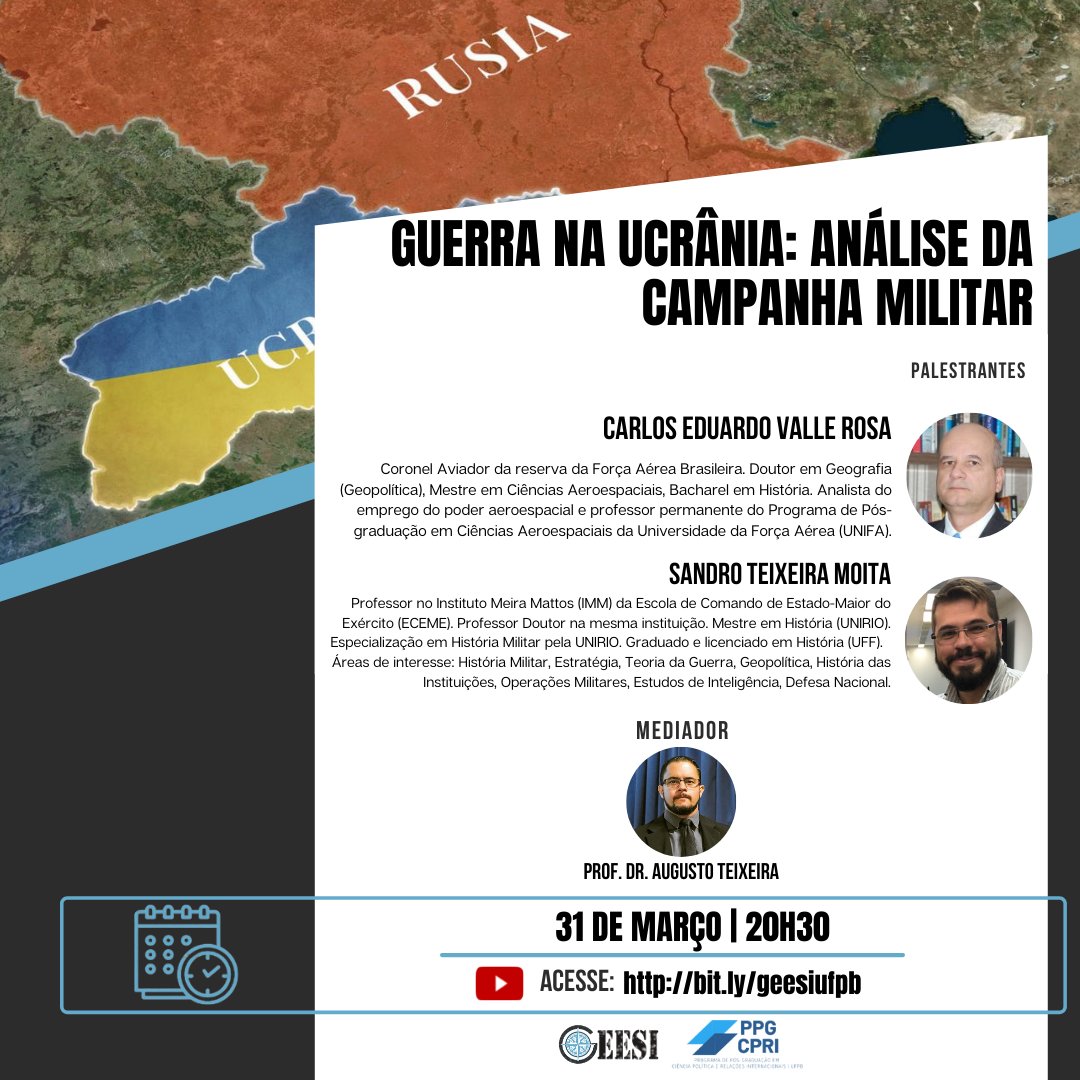 geesi_ufpb's tweet photo. O Probex Geesi vem te convidar para conferir a nossa live no dia 31/03, onde teremos uma análise da campanha militar na Guerra na Ucrânia.
Quando? 31/03/2022
Onde? https://t.co/oBMquGlNPT

Siga o #probexufpb GEESI nas demais redes sociais: https://t.co/hSmvFufBcD https://t.co/JcPeObBTWj