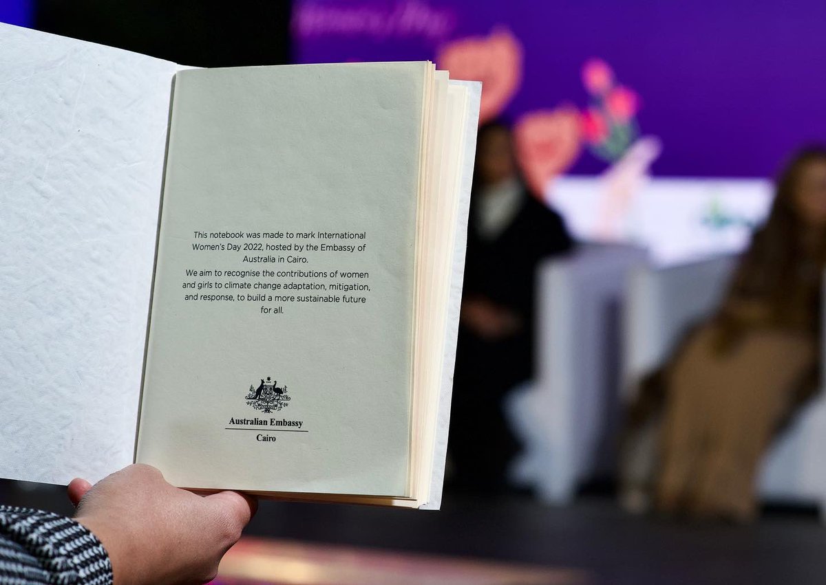 AusAmbEgy's tweet photo. Great night celebrating our annual event for #IWD2022. A thought-provoking panel of female entrepreneurs and community leaders, along with female-led businesses leading in sustainability - thank you #UpFuse for the recycled notebooks! 
#ClimateChange 
#WomensMonth https://t.co/MuHF8B4gk7
