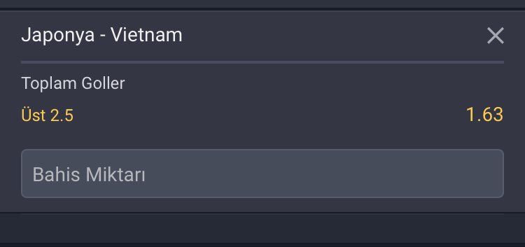 Canlı Tahmin 

Japonya - Vietnam 

Maç sonucu 2.5 üst (1.70)

Oran güzel denenir. Rolling 3 ü az sonra vereceğim. 

#canlibahis #bahis #iddaa