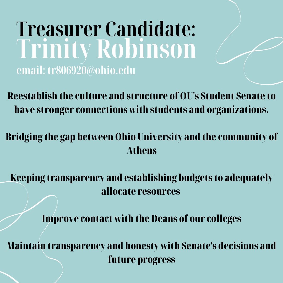OUJudicialPanel's tweet photo. Part two of the voter guide! Join us in Walter 235 TONIGHT to find out who will be leading Student Senate next year!

 *all info was provided by candidates and this post is used as an unbiased voter guide for the students of Ohio University* https://t.co/bq2D2Y6OZs