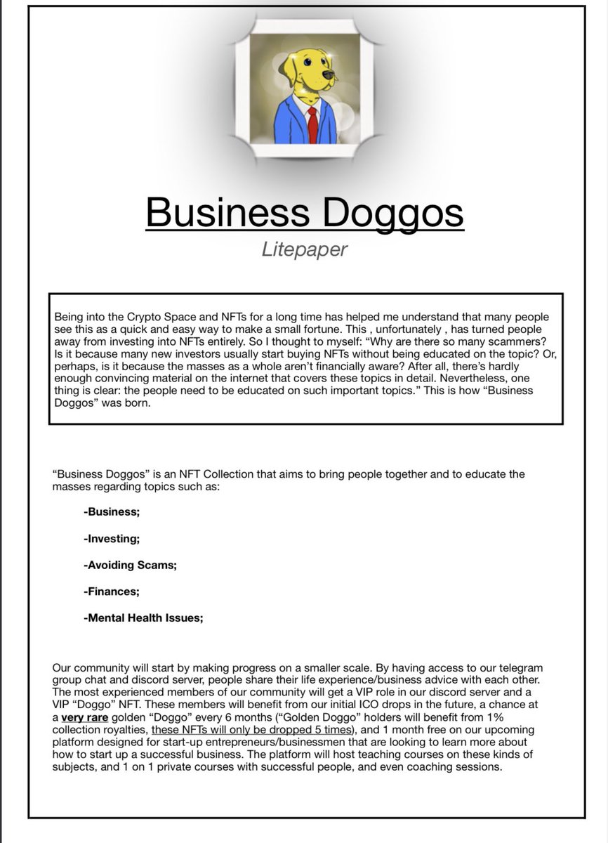 oxnxalin's tweet photo. Hello, everyone! Hope you’re all doing great!

The “Business Doggos🐶” litepaper is done 

Check it out: https://t.co/Mzi9ydX59s