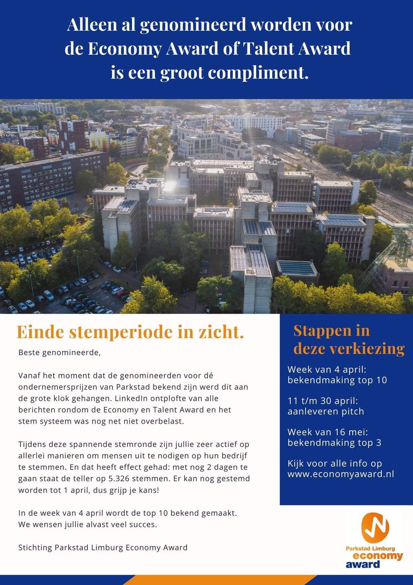 Wie krijgt jouw stem en steun in de race voor de Parkstad Economy &amp; Talent Award 2022 …