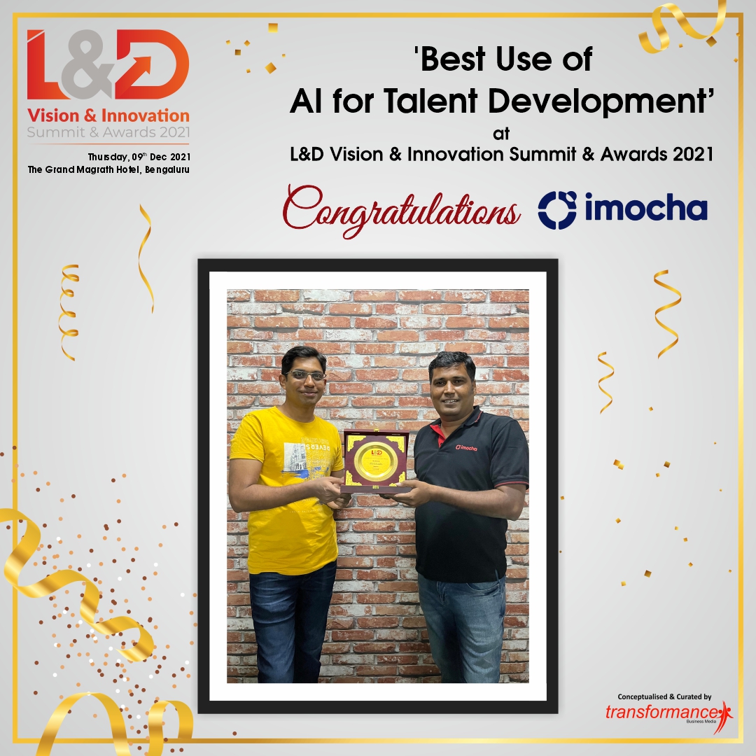 trfforums's tweet photo. Congratulations @imochaHQ for winning the title of 'Best Use of #AI for Talent Development' at the L&D Vision & Innovation Summit & Awards 2022.
#congratulations #talentdevelopment #learninganddevelopment #artificialintelligence #technologytrends #imocha #transformanceforums https://t.co/jAWCithWZq