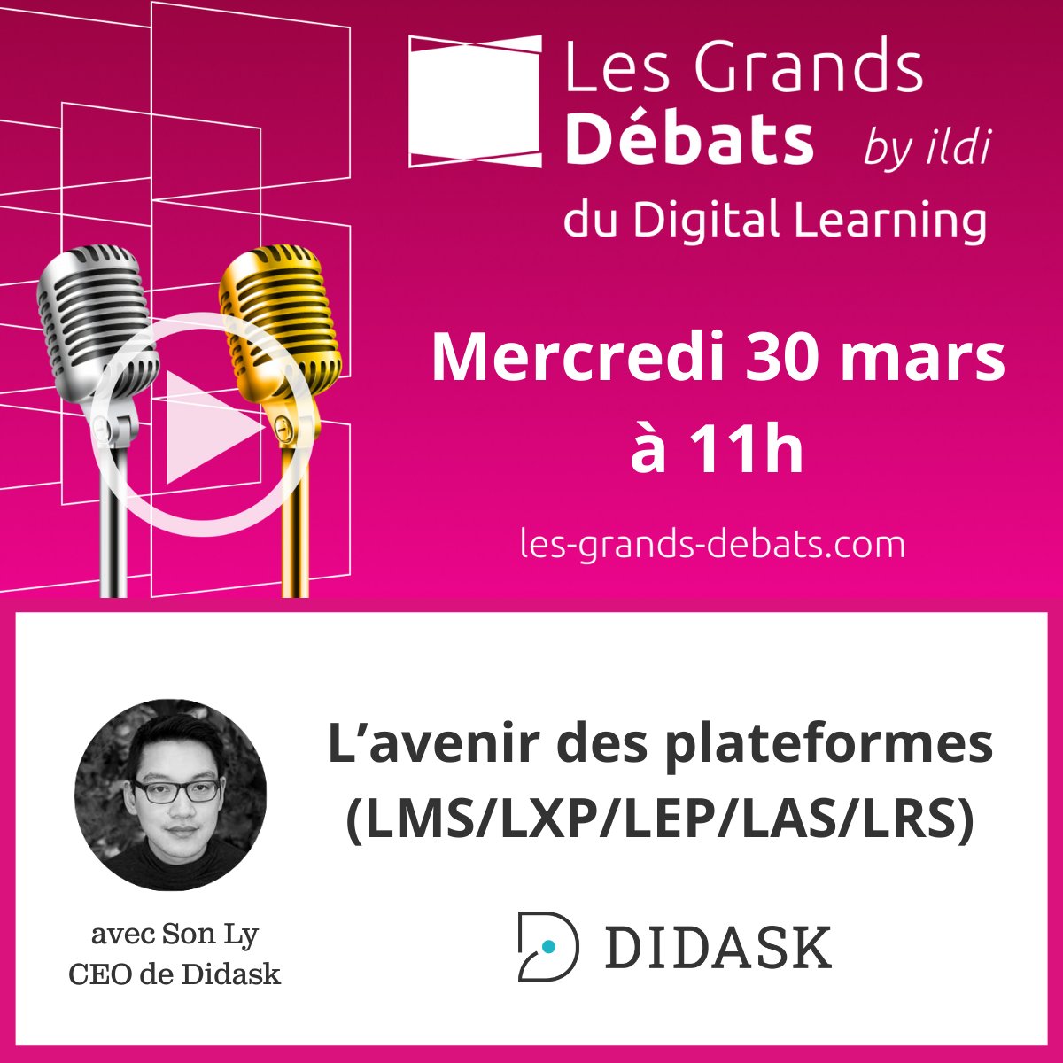 Demain matin, je parlerai de LMS, de sobriété pédagogique et d'enjeux cognitifs au Grand Débat du #DigitalLearning <a href="/ILDIconseil/">ILDI</a>, en cie de <a href="/xoslearning/">xos</a>, @domoscio, <a href="/ExperQuiz/">ExperQuiz</a> et <a href="/TeachUp_France/">Teach Up</a>.

Inscriptions : les-grands-debats.com

#debat #elearning #edtech
<a href="/Didask/">Didask</a>