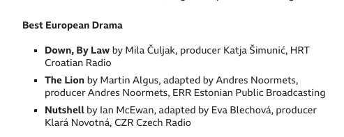 EvaBlechova's tweet photo. We did not win a BBC Audio Drama Award with "Nutshell". On the plus side, we were one of the three finalists and we got to meet lots of interesting people at the ceremony. Even better, there was no slapping whatsoever. @#BBCAudioDramaAwards https://t.co/BE2l5SxOm5