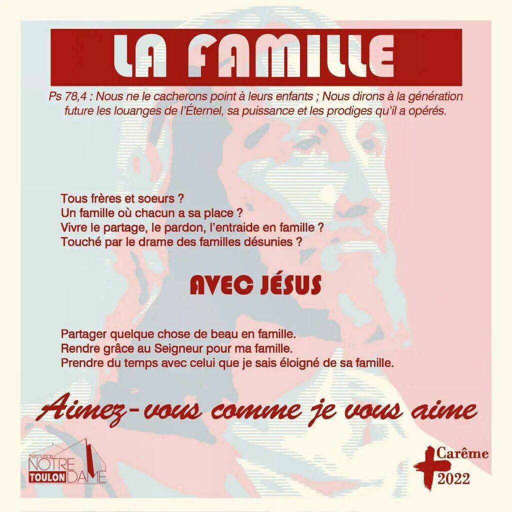 Quatrième de campagne de notre candidat à la présidence de nos vies : la famille.
#careme2022 #presidentielle2022 #jesuspresident #famille #école #collège #lycée #bts #enseignementcatholique #notredametoulon 
----
Cette campagne de communication est réal… instagr.am/p/Cbr9b80sNP5/