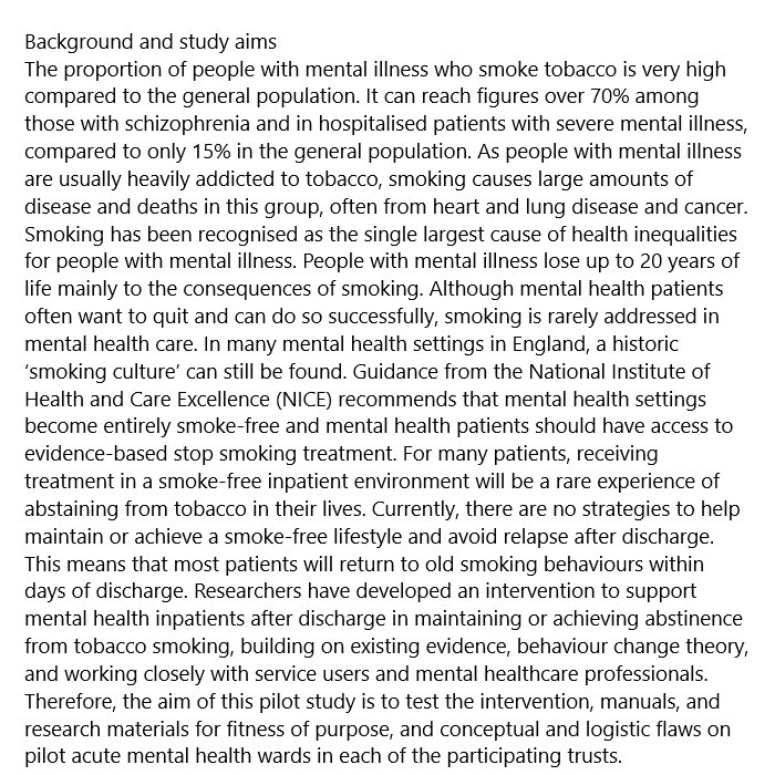 Promoting smoking cessation following a smoke-free mental health stay

Read about the new study by <a href="/SCEPTREresearch/">SCEPTRE Research Programme</a> registered at #ISRCTN

isrctn.com/ISRCTN38227785