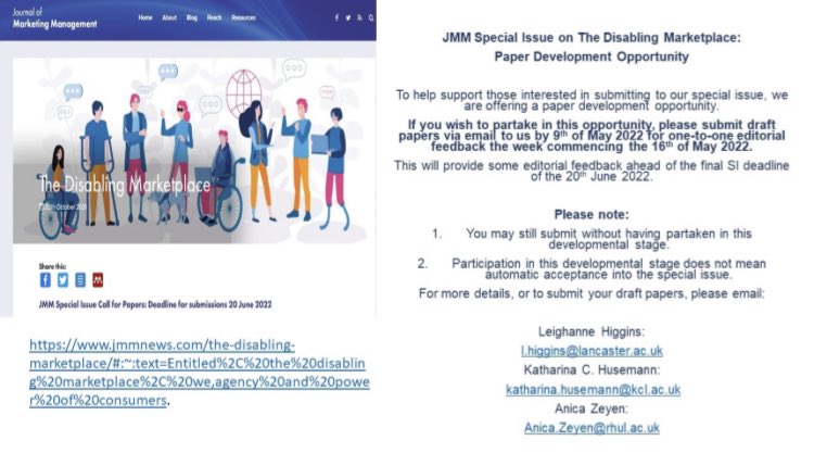 Only a few months until the deadline for our <a href="/JMM_news/">Journal of Marketing Management</a> SI on The Disabling Marketplace. Please find here details of a paper development opportunity myself, Katharina Husemann and @anica_zeyen are offering as guest editors! Please get in touch for further details!👍👍👍