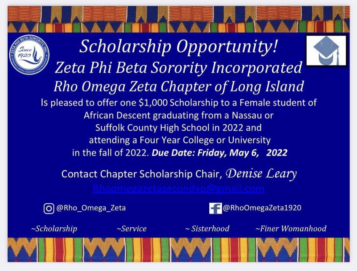 🗣Scholarship Announcement for female student of African descent residing in Nassau or Suffolk Cty who is graduating this year &amp; plans to attend a college or university. Deadline: 5/6/22

Application link: docs.google.com/forms/d/e/1FAI…

#scholarship #service #sisterhood #zphib