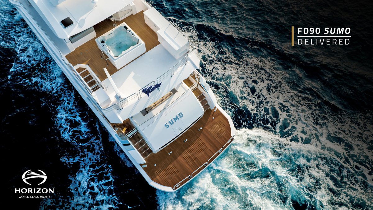 HorizonYachtEU's tweet photo. ❗️ 𝗗𝗲𝗹𝗶𝘃𝗲𝗿𝘆 𝗨𝗽𝗱𝗮𝘁𝗲 | Commissioned for experienced “boaties” and christened 'SUMO', the new #FD90 Skyline was recently delivered! 

'SUMO' features an enclosed skylounge configuration and a five-stateroom layout.

//

#HorizonYachts #DefineYourHorizon https://t.co/pYSm28098N