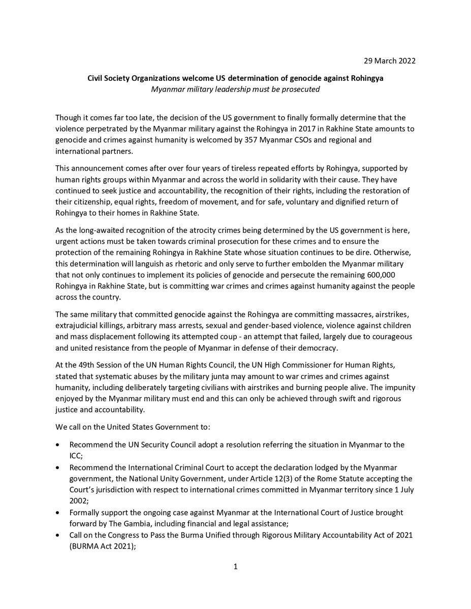 Julymoe54572948's tweet photo. Following the US finding that genocide was committed against Rohingya in Myanmar, 357 civil society organizations have called for "immediate action" by the US. #2022Mar29Coup #WhatsHappeningInMyanmar #WarCrimesOfJunta https://t.co/xaxcyPkEAQ
