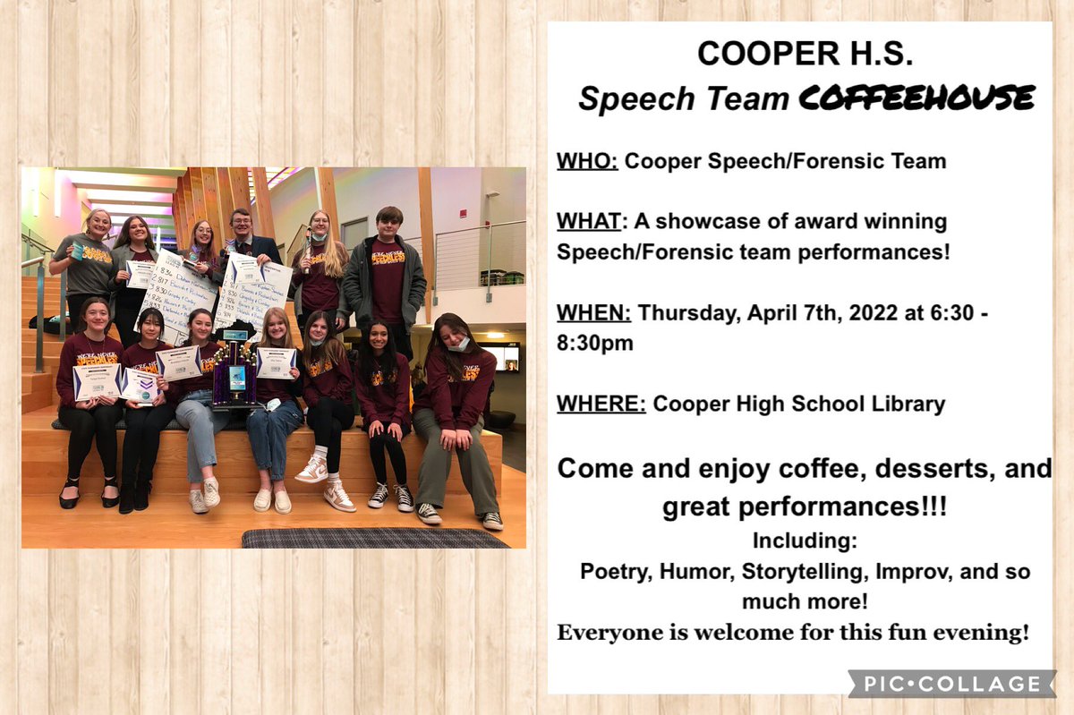 cooperforensics's tweet image. Interested in joining Cooper Speech &amp;amp; Debate next year and want to know what we do? Want to enjoy a night of coffee,treats,&amp;amp; great performances?  JOIN US for our Speech Team Coffeehouse on Thursday, April 7th from 6:30-8:30pm! Questions?(mary.blood@boone.kyschools.us)