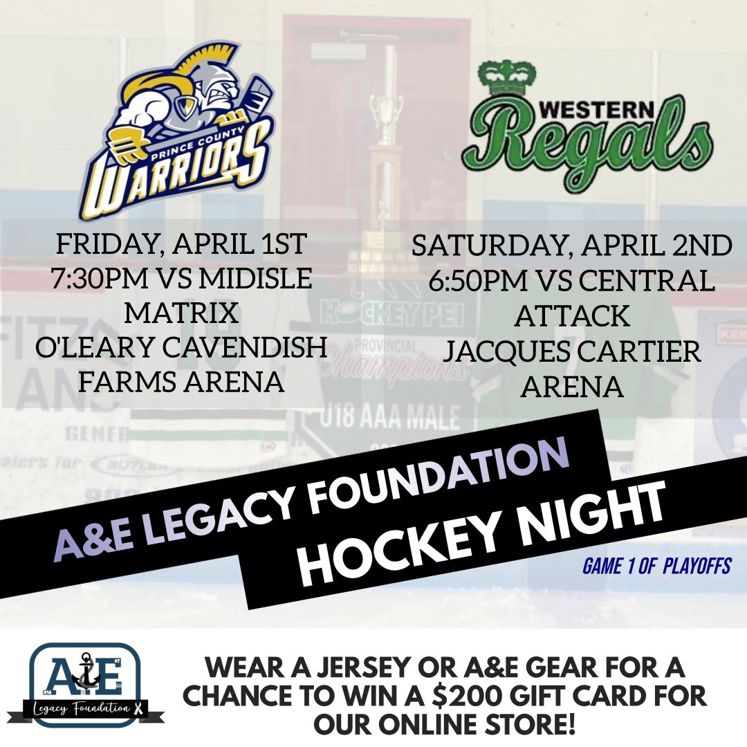 #AandELegacyFoundation hockey nights coming up! Wear your minor hockey jersey or A&amp;E gear for a chance to win a $200 online store gift card!! <a href="/warriorshky/">Prince County Warriors HKY</a> <a href="/RegalsHockey/">Regals Hockey</a> <a href="/HockeyPEI/">Hockey PEI</a> <a href="/GoWestPEI/">Western Region Sport & Recreation Council</a> <a href="/SportPEI/">Sport PEI</a>