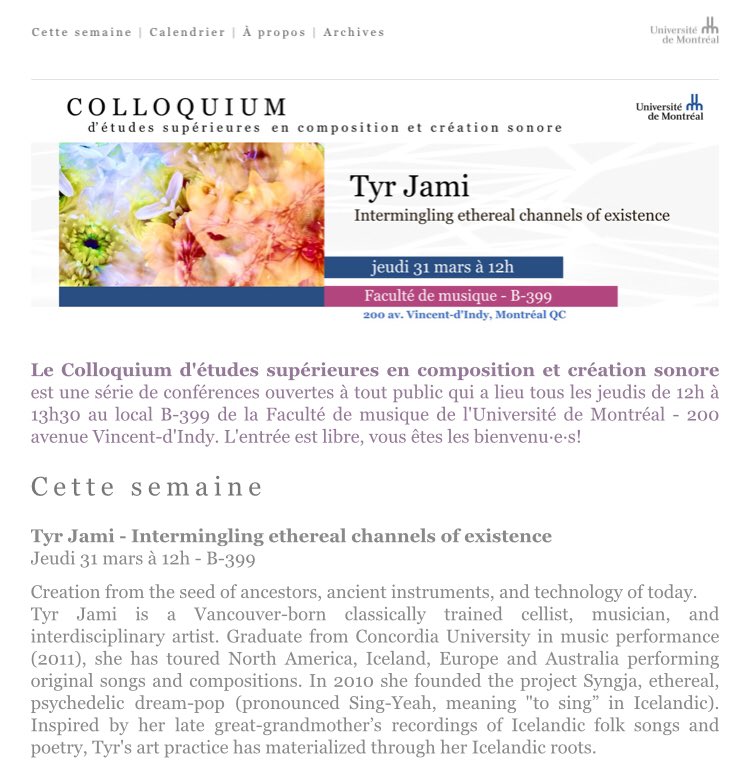 Artist talk this Thursday at Université de Montreal