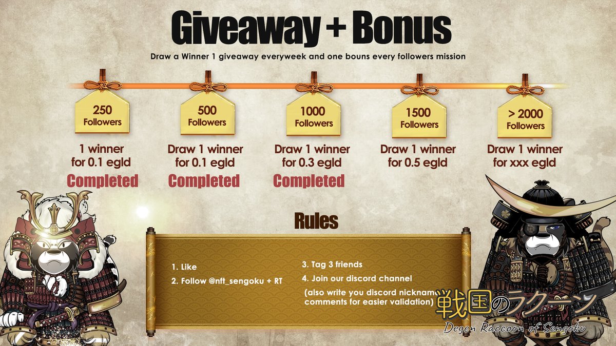 nft_sengoku's tweet photo. ⚡ EGLD #GIVEAWAY ⚡

Please check out the Raccoon of Sengoku NFT 

Prizes:
🏆 2x 0.1 #EGLD + Wlspot 
🏆 1x 0.3 #EGLD + Wlspot 

Must:
1️⃣ Follow @nft_sengoku 
2️⃣ ❤️ + RT 
3️⃣ Tag 3 Friends

⏰ 48 Hrs. 3 Winners!

#NFTGiveaway  #NFTs  #ElrondNFT
#NOTIGANG #EGLD
#NOTISQUAD https://t.co/TZdXQ3vX1D