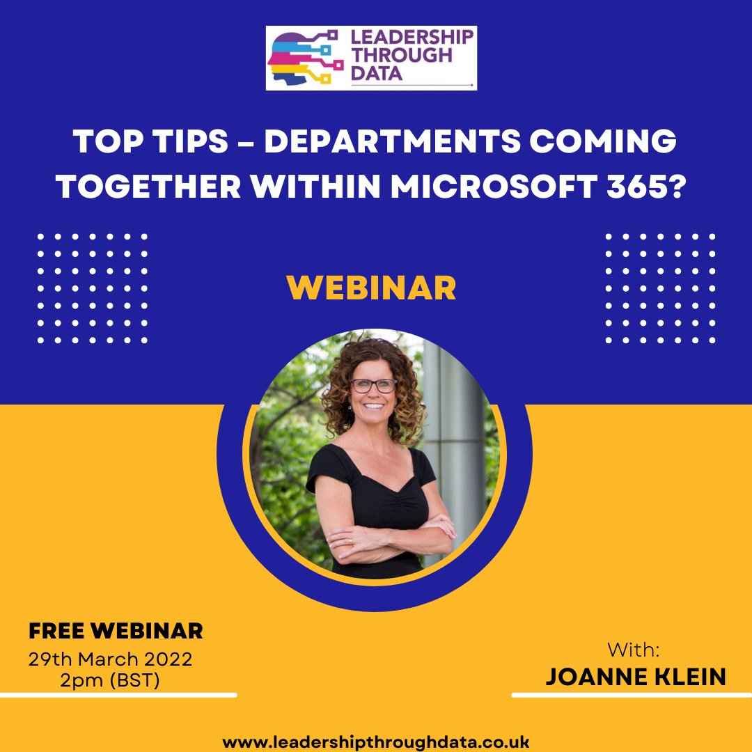 Leadershiptd's tweet photo. Less than an hour to go until our next webinar with @JoanneCKlein talking Top Tips - Departments coming together within Microsoft 365. 

If you haven't booked on yet now is your last chance! 

https://t.co/9Ly0D9wFHc

#microsoft365 #microsoft #learning #toptips https://t.co/7kZWx0smKP