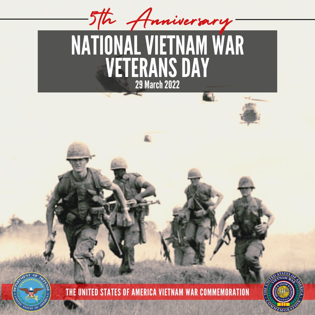 DeptVetAffairs's tweet photo. On the 5th Anniversary of National Vietnam War Veterans Day, Americans unite to thank and honor Vietnam Veterans and their families for their service and sacrifice. We also remember and support the survivors of our 1,584 yet unreturned Vietnam Veterans.

@vietnamwar50th https://t.co/nF0EduLzRy