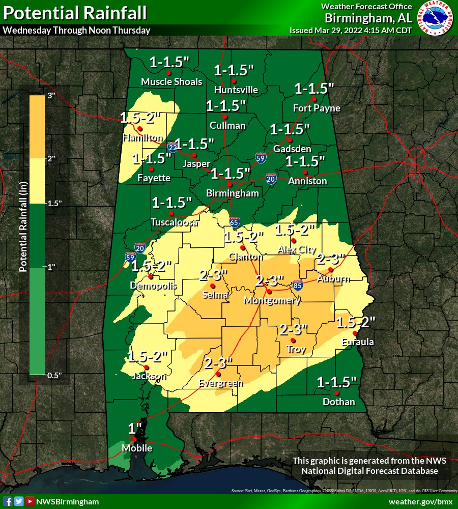 Wednesday's event will bring widespread 1-3 inches of rainfall. This could cause flash flooding in urban and/or poor drainage areas. #ALwx