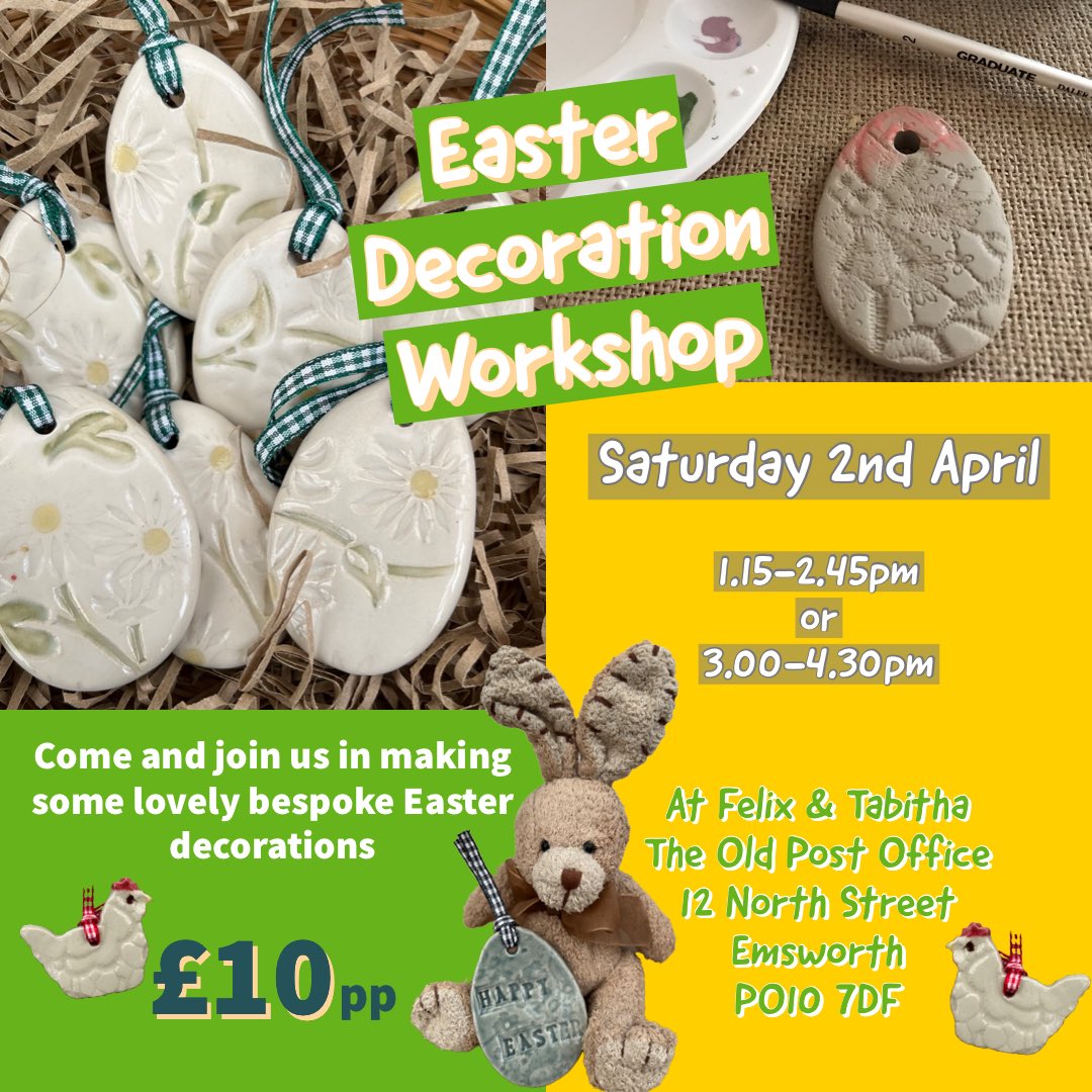 BiscuitPottery's tweet photo. Our Easter Decoration workshop is this Saturday. Fun for all the family. We would love you see you there. Book online at https://t.co/s6Rf1Fv0P9 #easterfun #easterdecorations #clayworkshop #emsworth #funwithclay #becreative #familyfun https://t.co/fqFjDGyu0z