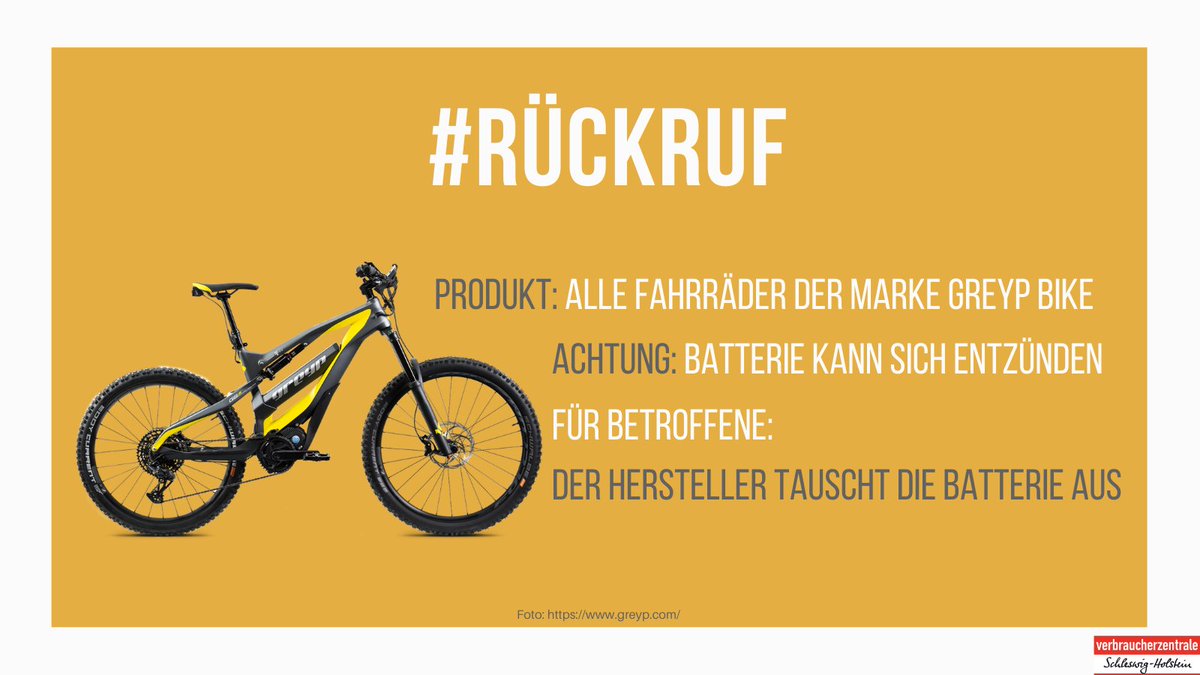 vzsh's tweet photo. Achtung #Brandgefahr: Alle E-Bikes der Marke #Greyp werden zurückgerufen, da sich die Batterie selbst entzünden kann. Laut Hersteller kann es zu einer Überladung kommen. Die Batterieeinheit darf deshalb nicht mehr geladen werden und soll vom #Fahrrad entfernt werden. #ebike https://t.co/NUQ45XRmJM