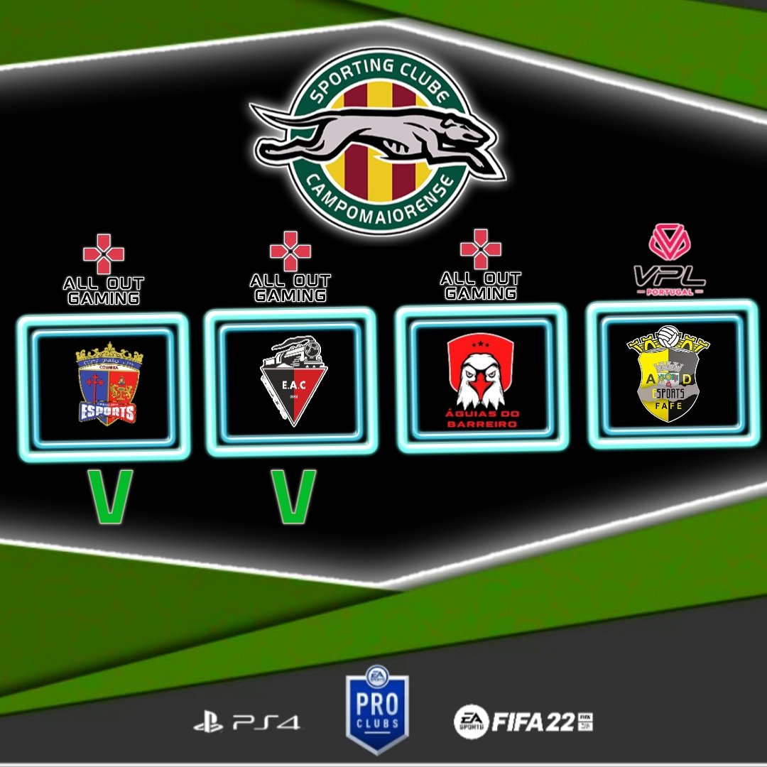Está é a nossa semana de jogos da nossa equipa SC Campomaiorense 
🆚️União 1919 - Liga AOG Play-off ( vitória 4-0 )
🆚️Entroncamento- Liga AOG Play-off ( vitória 3-2 )
🆚️ Águias do Barreiro- Liga AOG Play-off (Hoje)
🆚️ Fafe eSports - Liga VPL (Quarta-feita dupla Jornada)